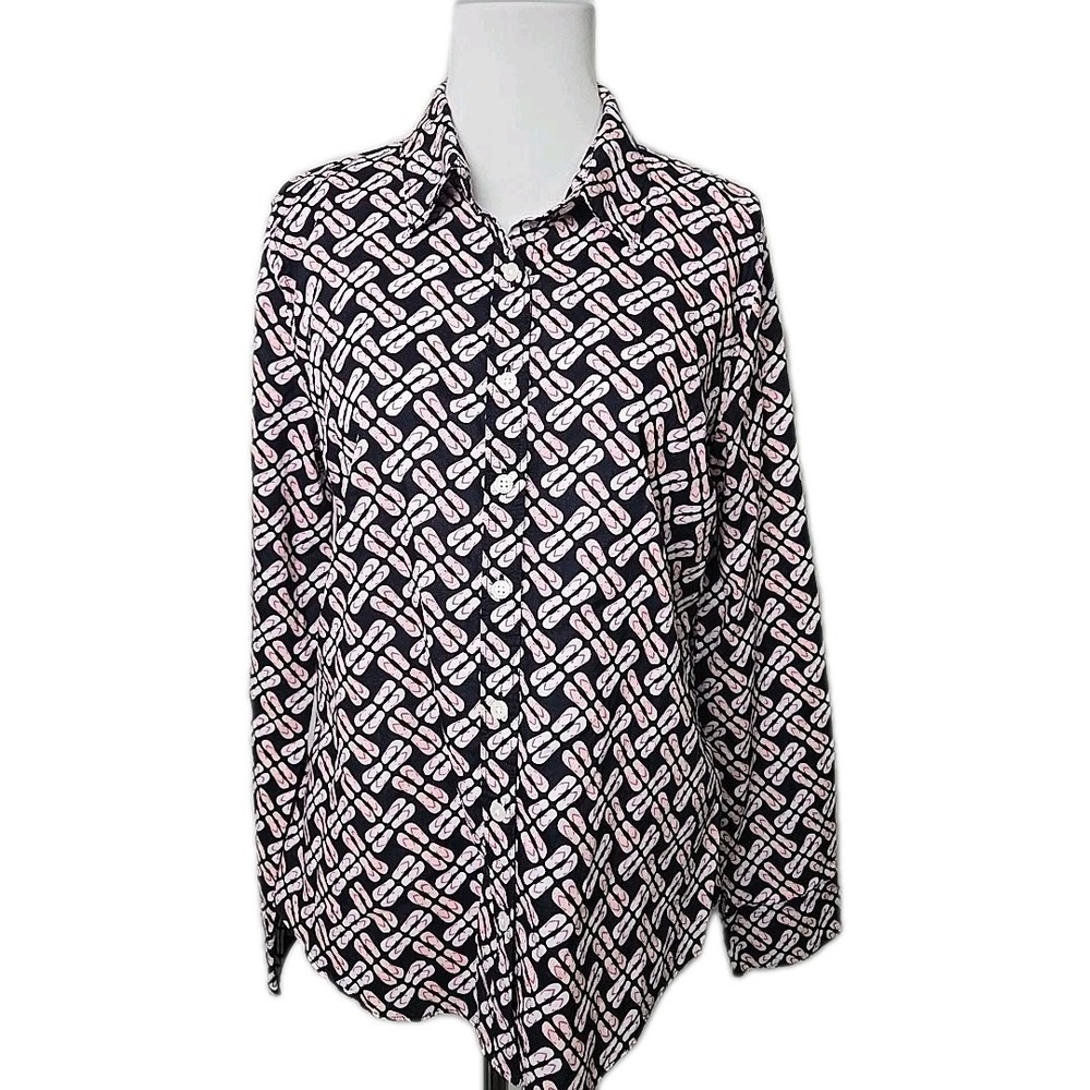 Crown & Ivy Flip Flop Sandal‎ Print Button Front Top Women's Large L